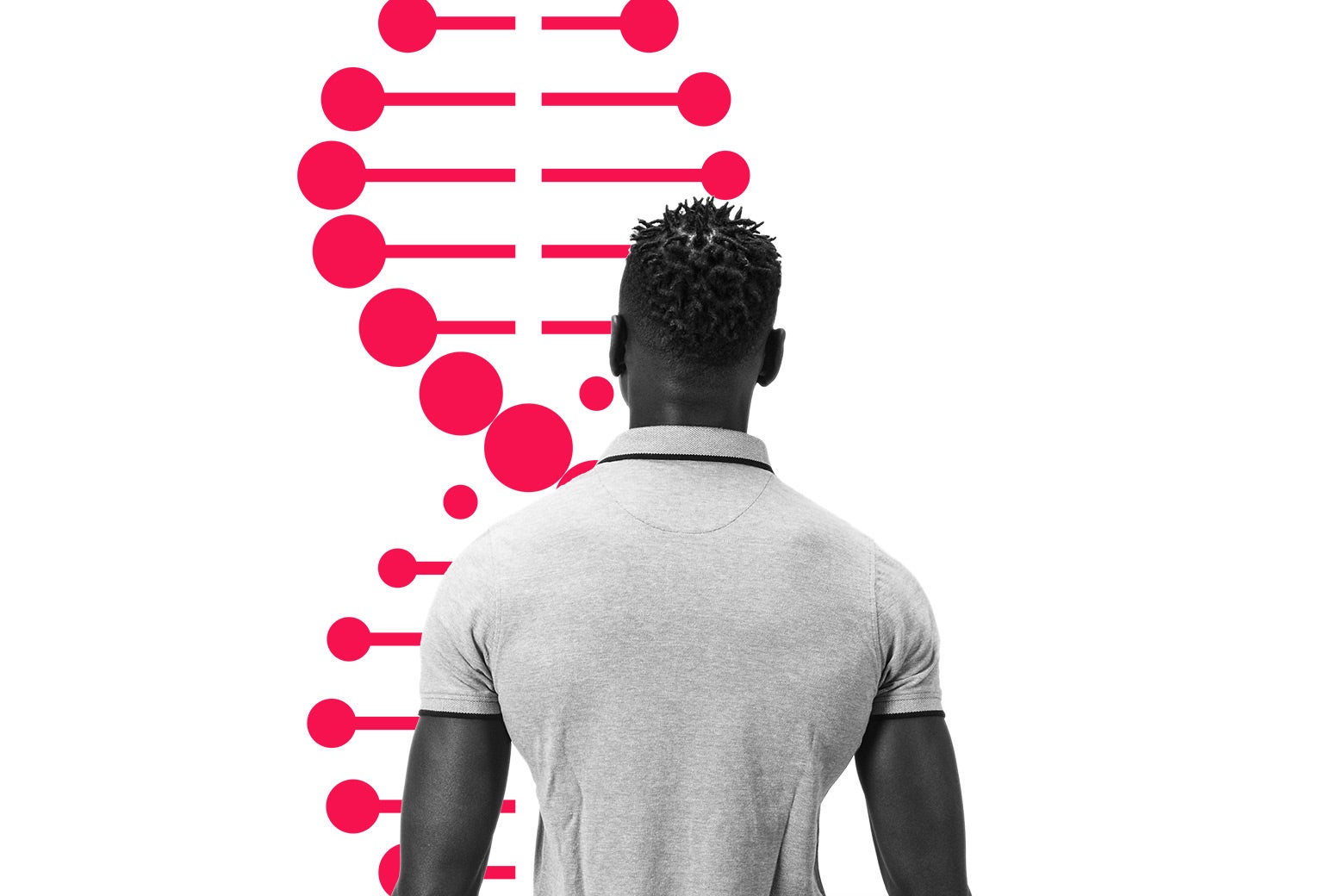 The back of a young man with a DNA strand overlaid behind him.