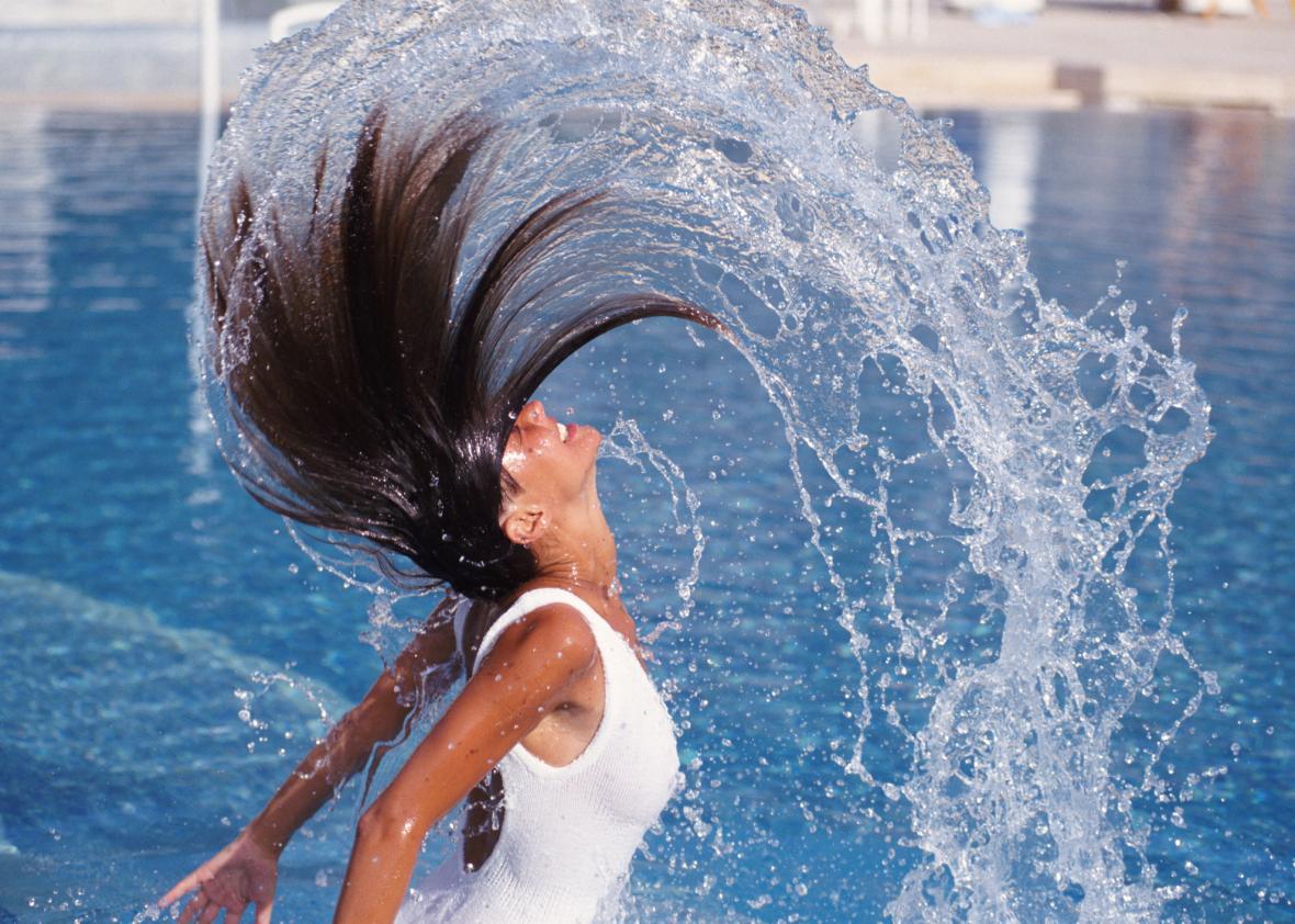 Wet hair air-drying guide for women with long hair.