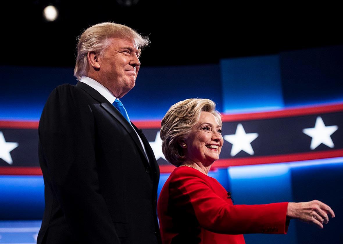 Democratic Nominee for President of the United States former Secretary of State Hillary Clinton and Republican Nominee for President of the United States Donald Trump meet for their first presidential debate at Hofstra University in Hempstead, New York on Monday September 26, 2016.