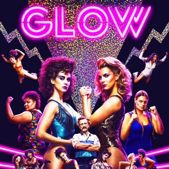 Title card for GLOW, featuring female wrestlers.