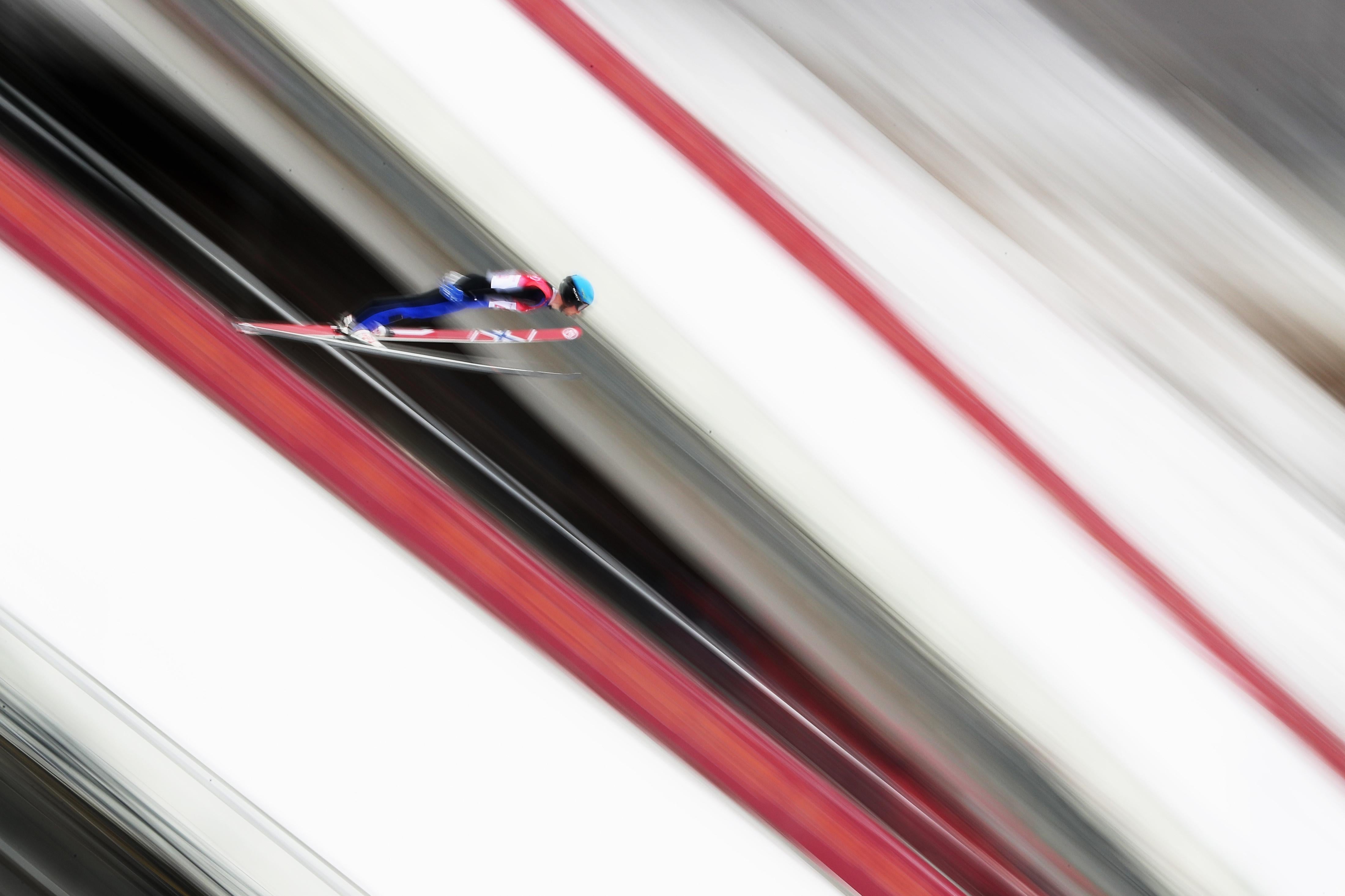 PYEONGCHANG-GUN, SOUTH KOREA - FEBRUARY 14:  Jan Schmid of Norway makes a trial jump during the Nordic Combined Individual Gundersen Normal Hill and 10km Cross Country on day five of the PyeongChang 2018 Winter Olympics at Alpensia Ski Jumping Centre on February 14, 2018 in Pyeongchang-gun, South Korea.  (Photo by Al Bello/Getty Images)