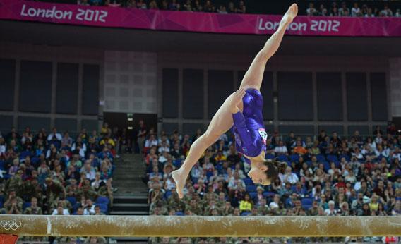 US gymnast Jordyn Wieber performs on the beam during the women's qualification of the artistic gymnastics event of the London Olympic Games on July 29, 2012. 
