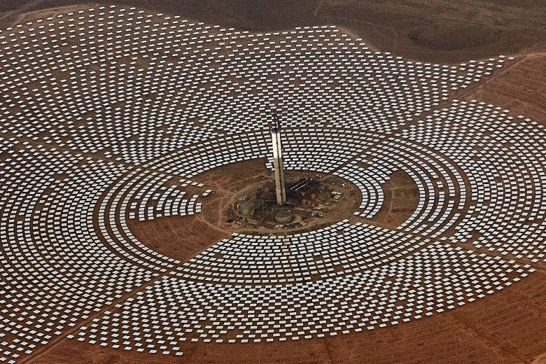 Aerial view of the Noor 3 solar power station near Ouarzazate, Morocco.