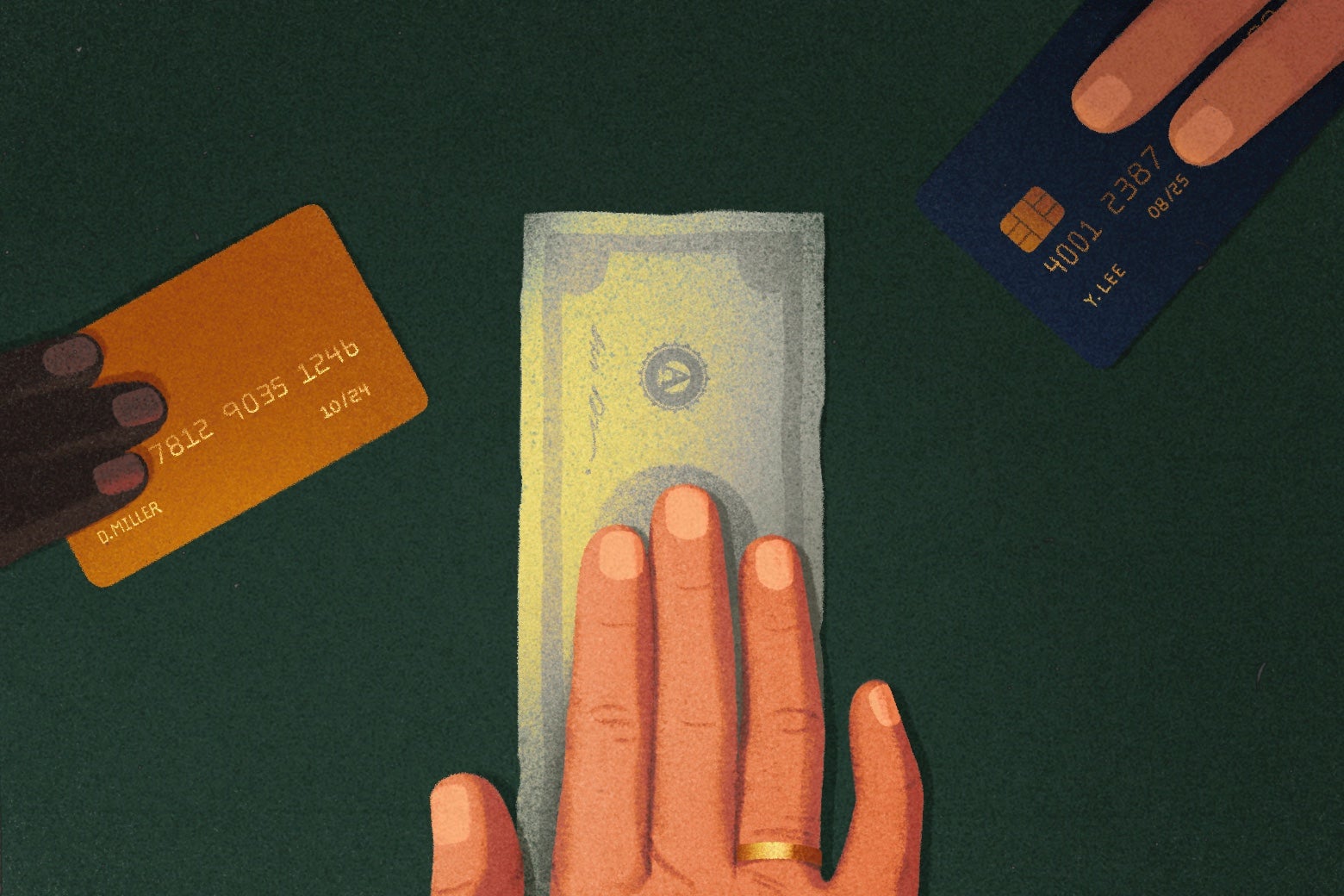 Two illustrated hands place a credit card on a table; another hand sets down cash.