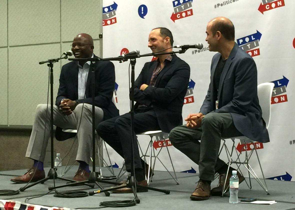 Reggie Love, Tony Hale, and Mike Pesca at Politicon in Los Angeles.