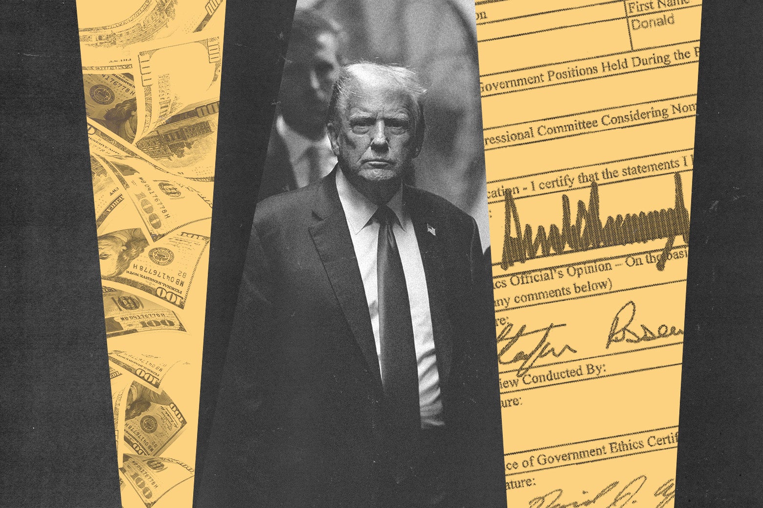 A photo collage of Trump, some dollar bills, and a document with his signature.