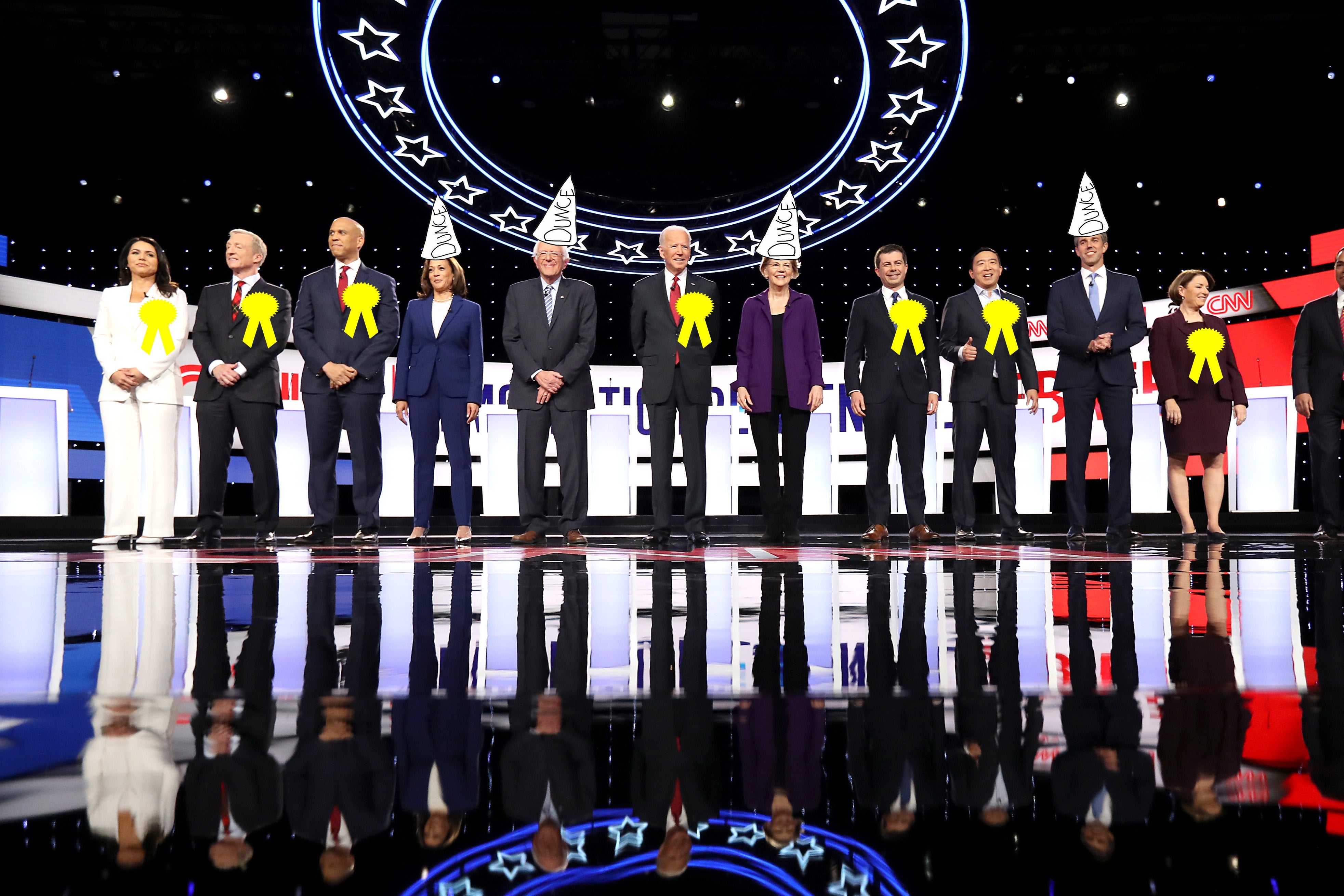The candidates line up onstage for a showdown of manners.