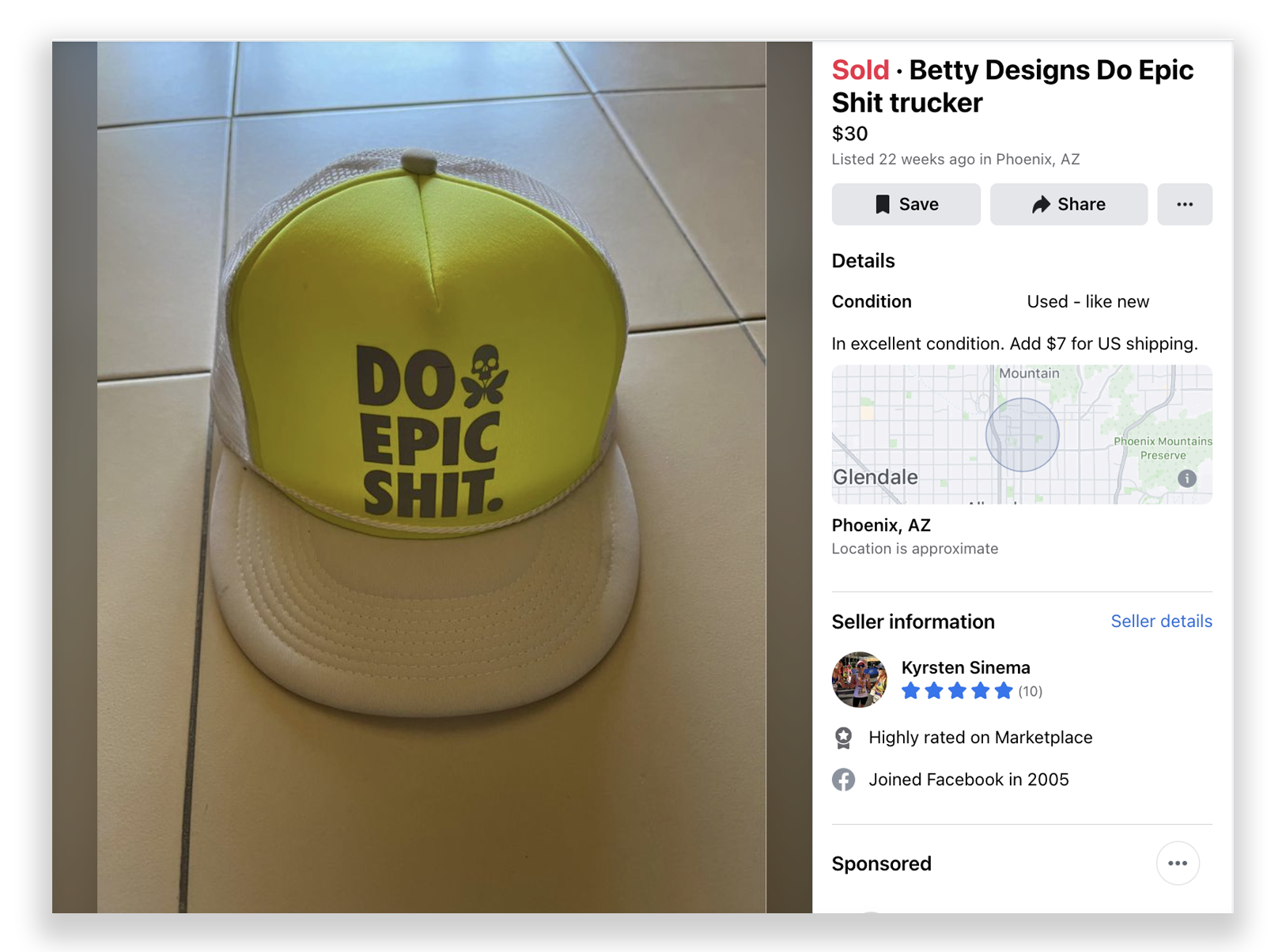 A trucker hat that says "Do Epic Shit" on it, with description and pricing, in a Facebook Marketplace listing.