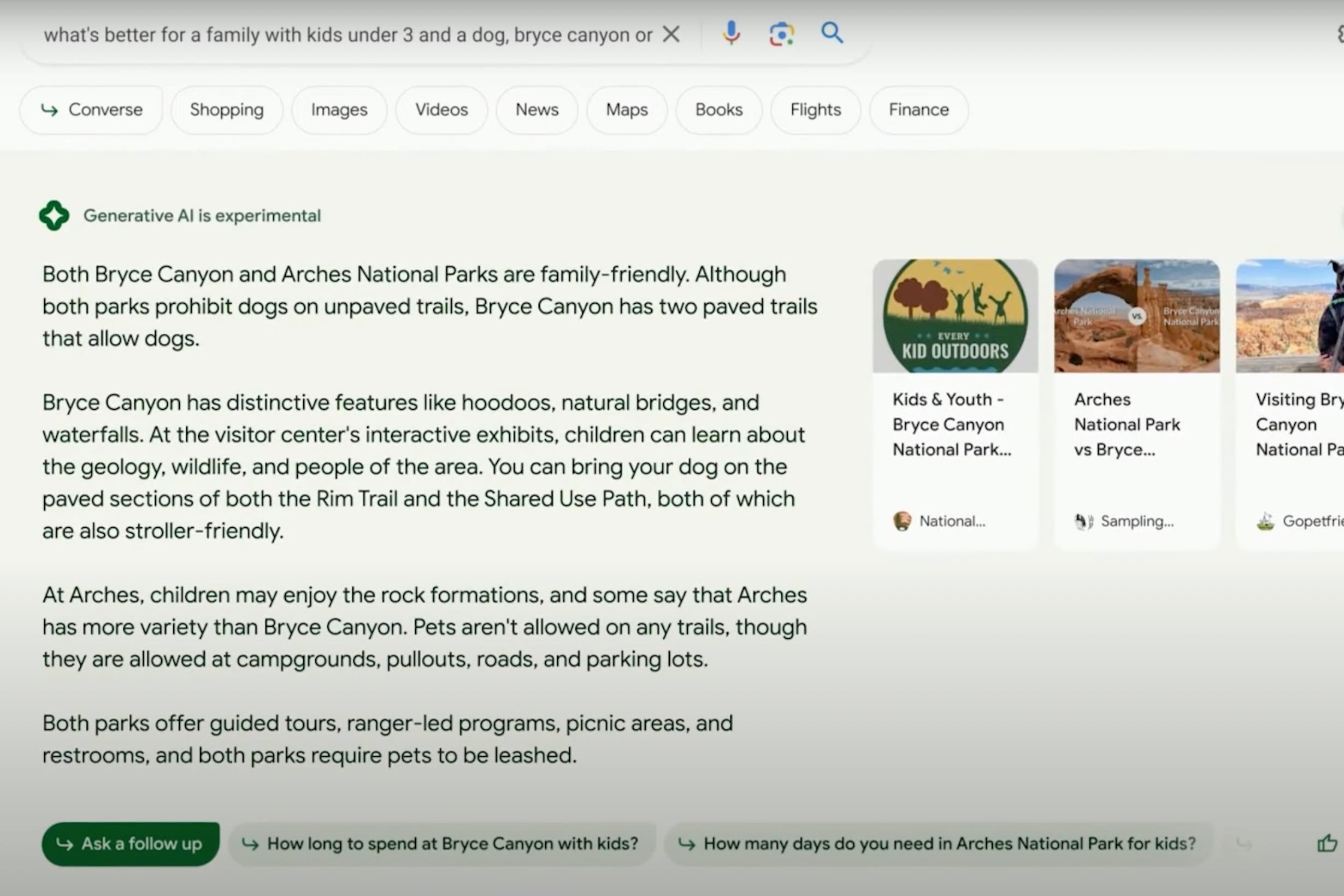  A screenshot of a search results page with the query "Search Generative Experience interface". The page has a green bar at the top with the Google logo, a search bar, and several tabs for different types of search results. Below the green bar, there is a carousel of images with text overlaid on them. The images are of different national parks, and the text describes the parks and their features.