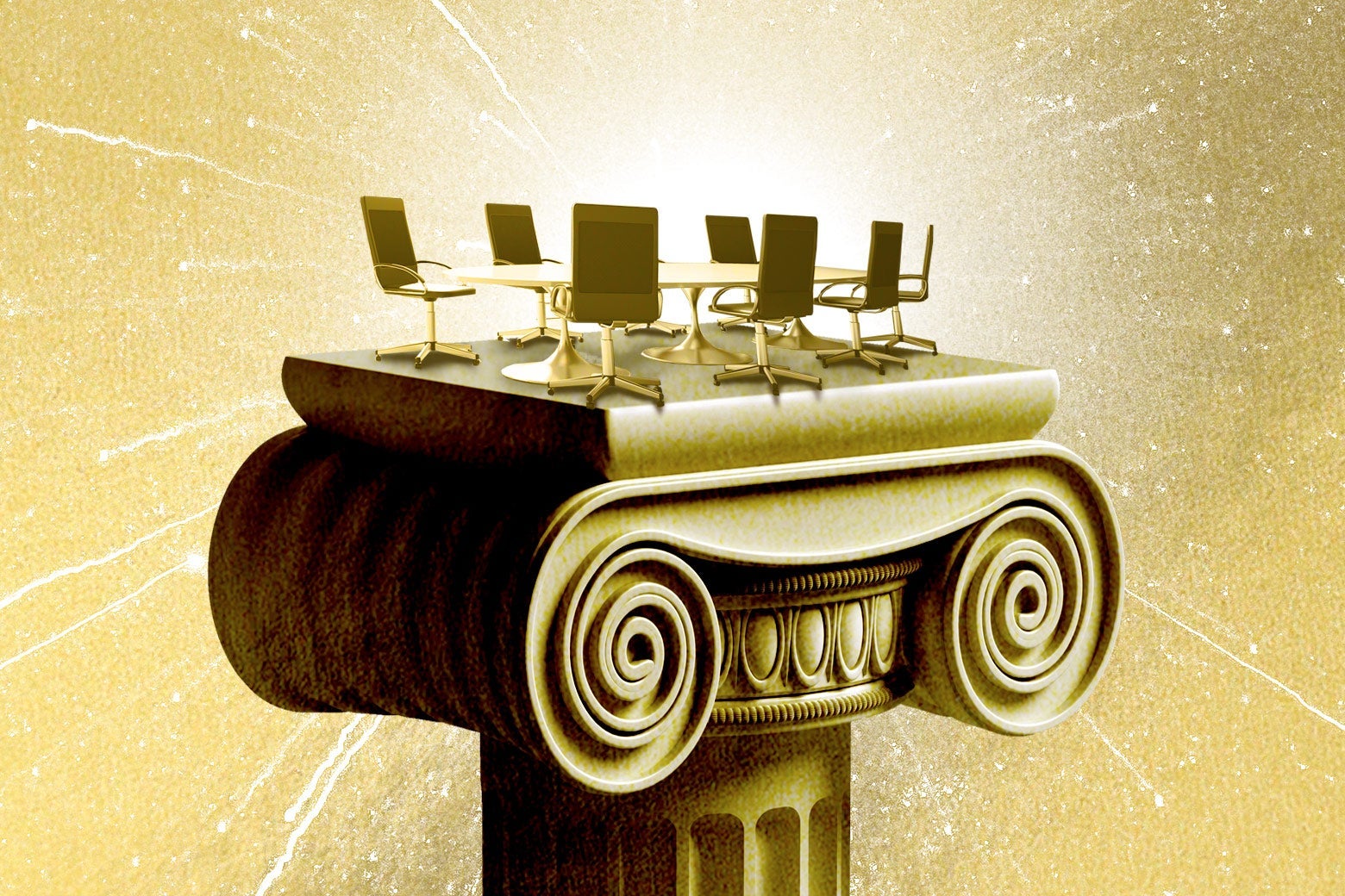 A conference table and chairs, glowing in gold, sit atop a golden Ionic column.