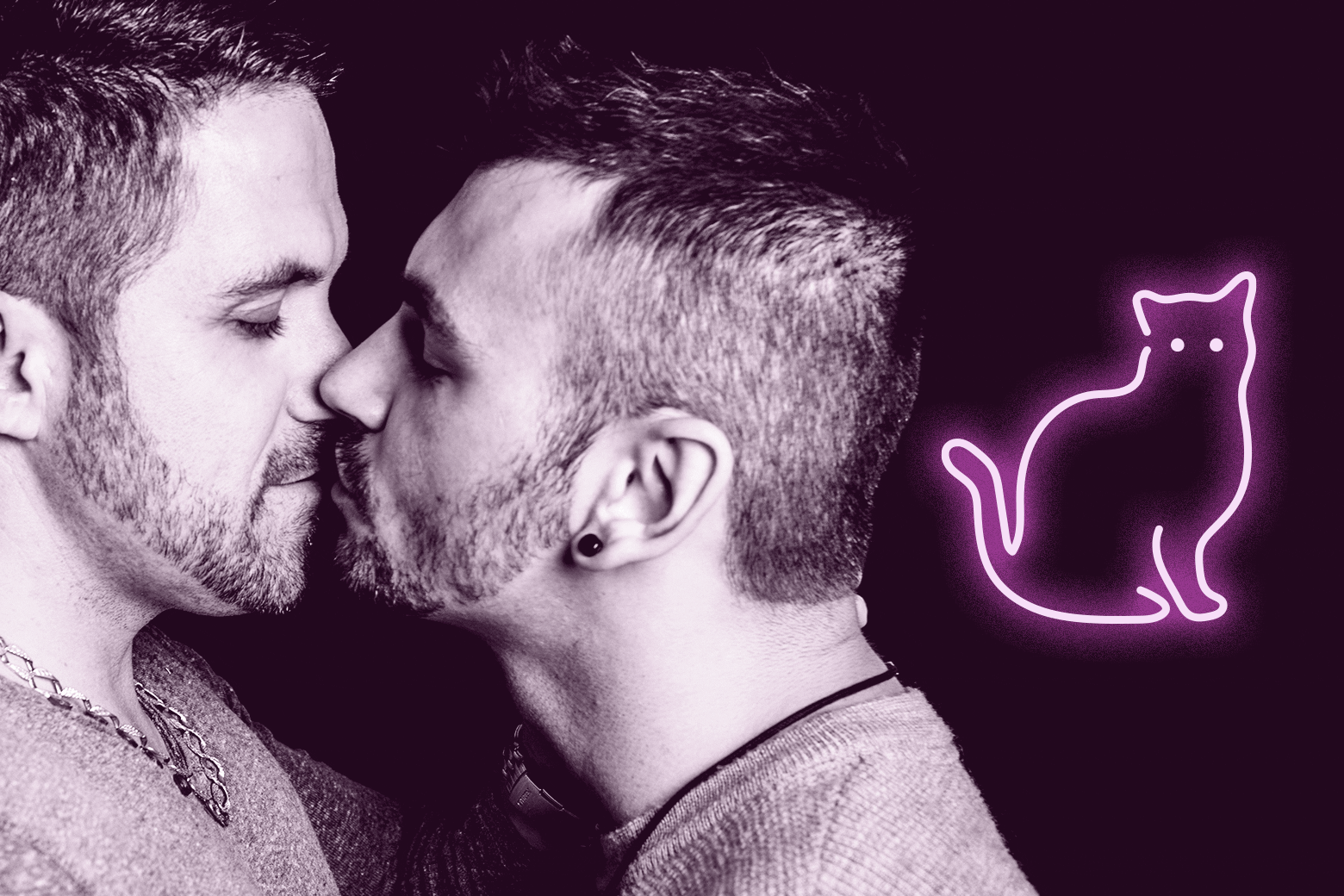A gay couple kisses next to a neon cat.