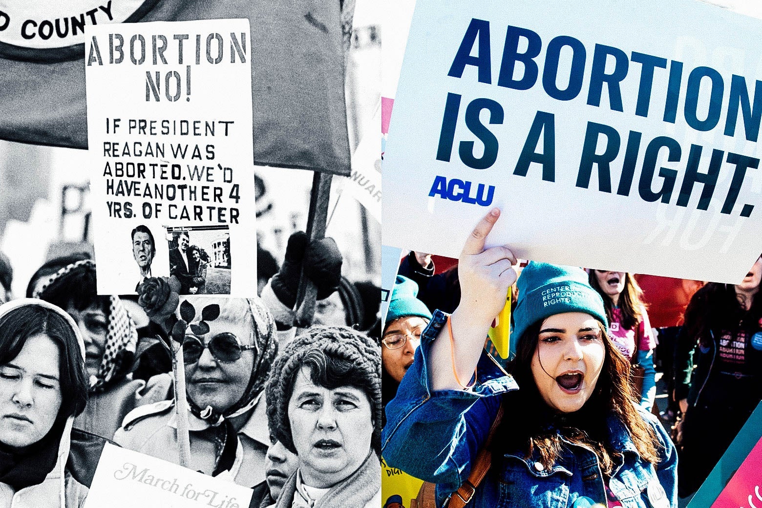 A black-and-white historic photo of abortion protesters and a modern-day photo of protesters holding signs that say things like, "Abortion is a right."