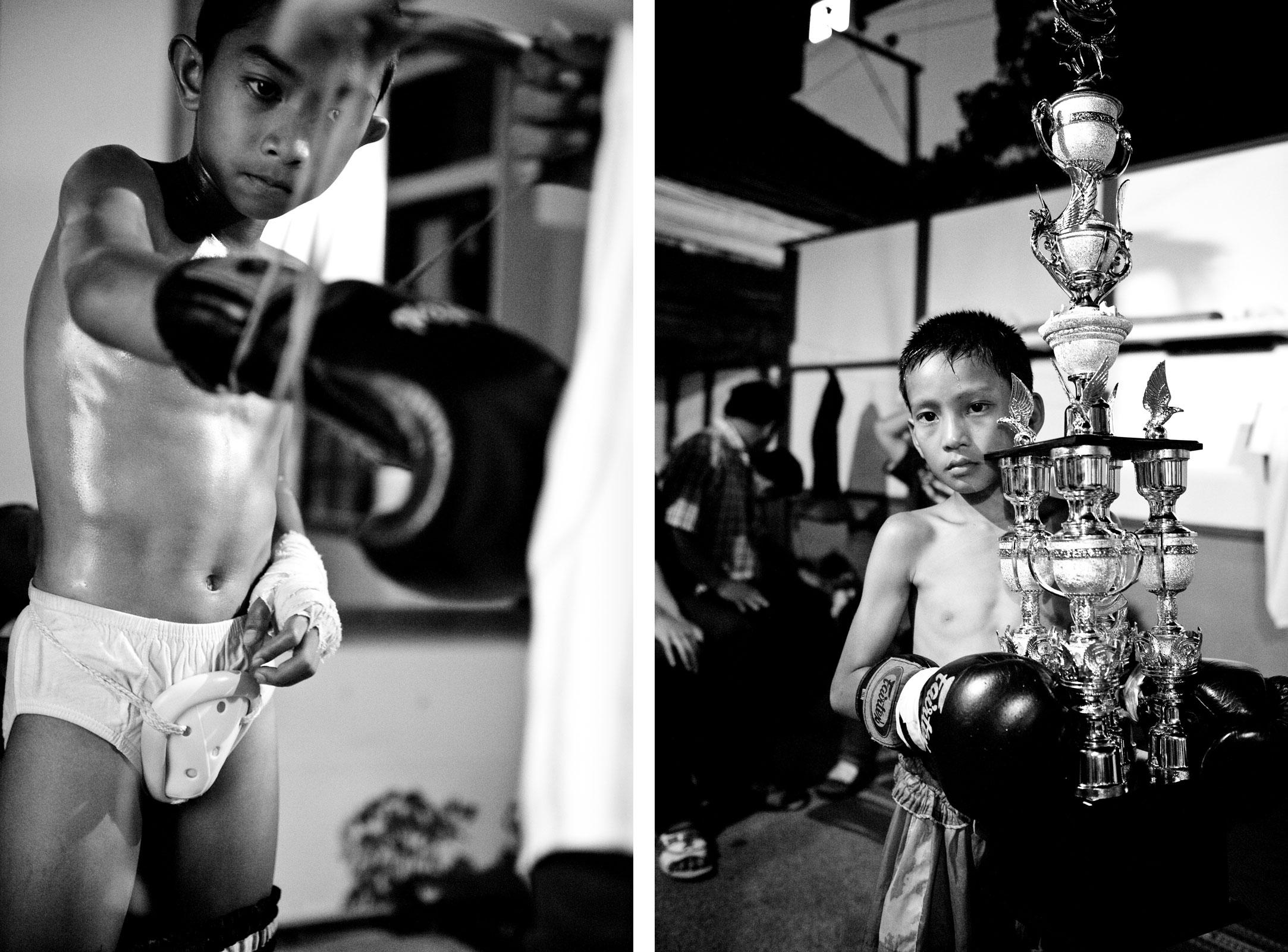 Left: The coach binds a boy the boxing gloves. Right: Tountong with a trophy after he has won the boxing match against Bank. 