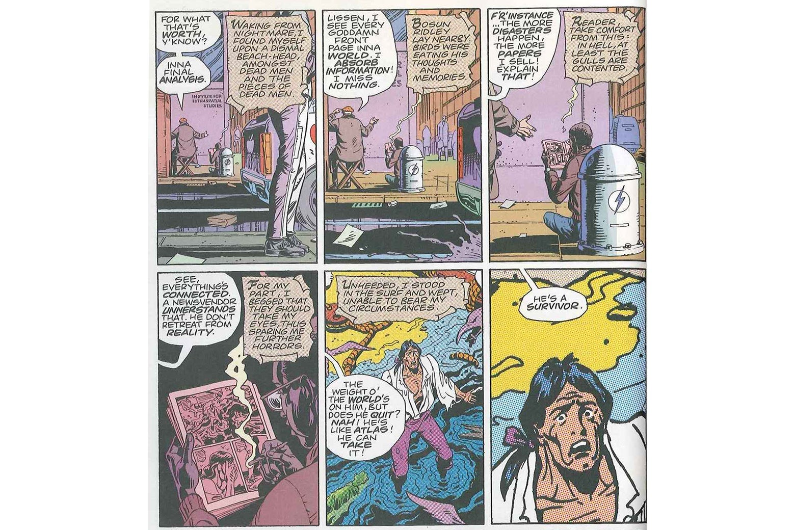 Six panels from Watchmen, intercutting between a pirate comic book and a newsvendor rambling.