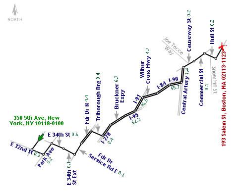 A computer-generated line-drawn map with directions from New York to Boston.