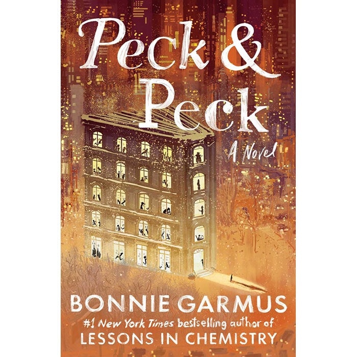 The cover of Peck & Peck, a novel by Bonnie Garmus. A book resembles a multistory residential building.