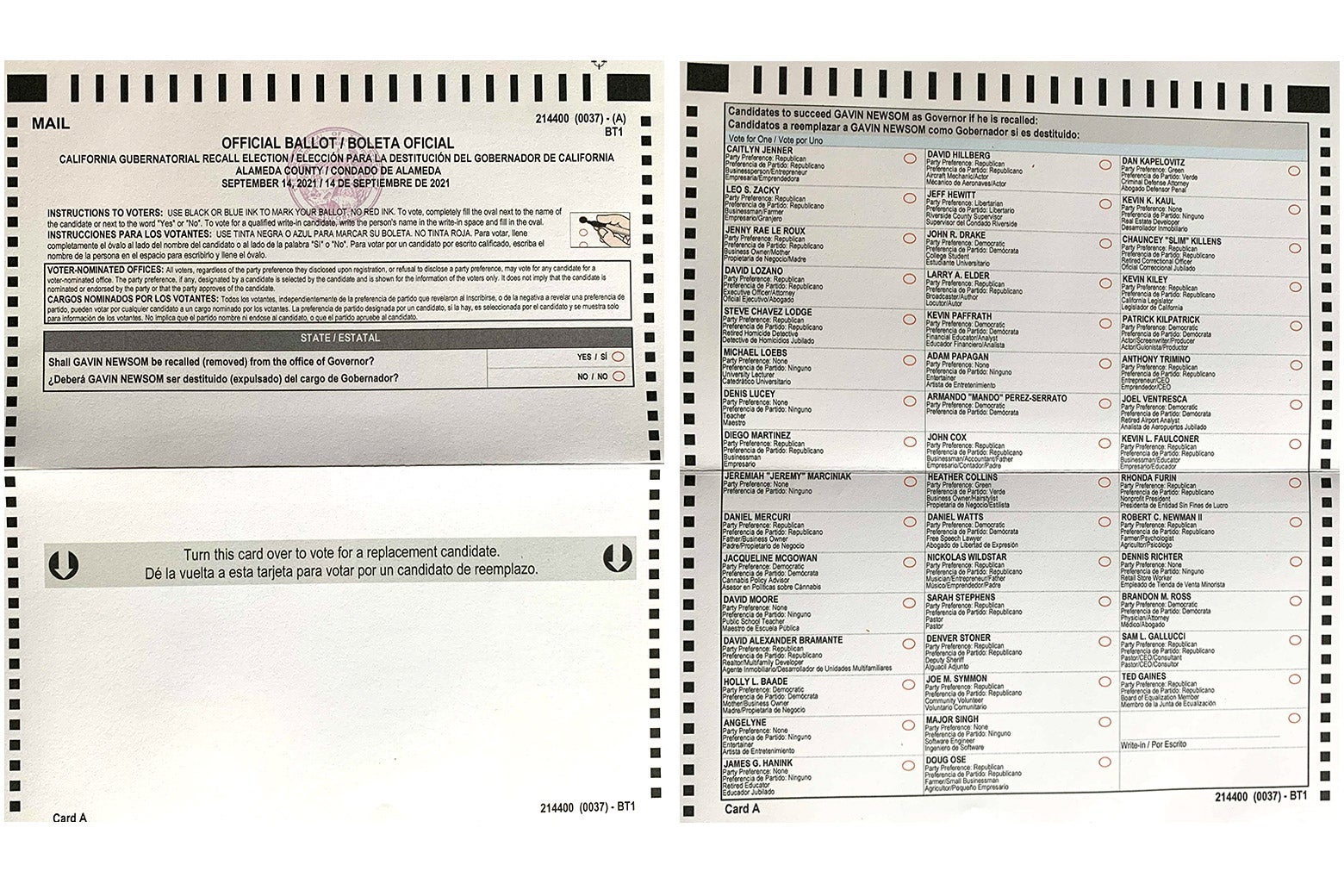 An unmarked California recall ballot.