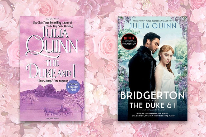 Left: a book cover featuring the words "Julia Quinn" "The Duke and I" in large letters above a purple-tinged landscape. Right: a book cover featuring actors Regé-Jean Page and Phoebe Dynevor standing beside a badge with the Netflix logo. 