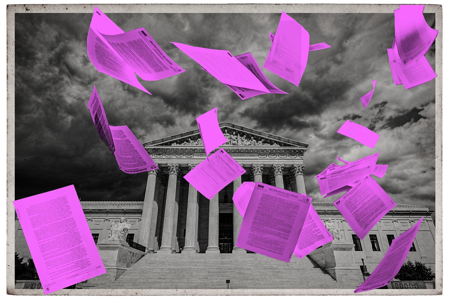 Multiple purple sheets of paper fall from the sky in front of a black-and-white image of the steps leading up to the Supreme Court.