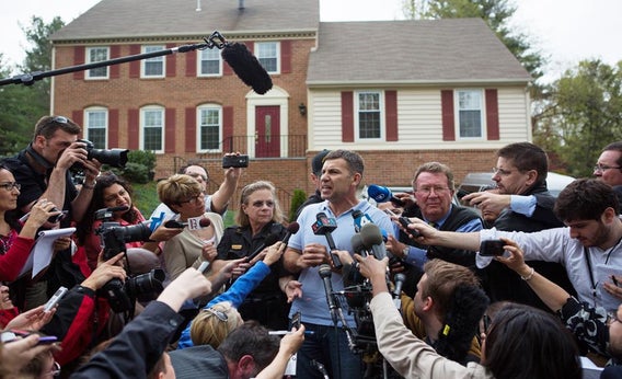 Ruslan Tsarni, uncle of the suspected Boston Marathon bombing suspects, speaks to reporters in front of his home April 19, 2013 in Montgomery Village, Maryland.