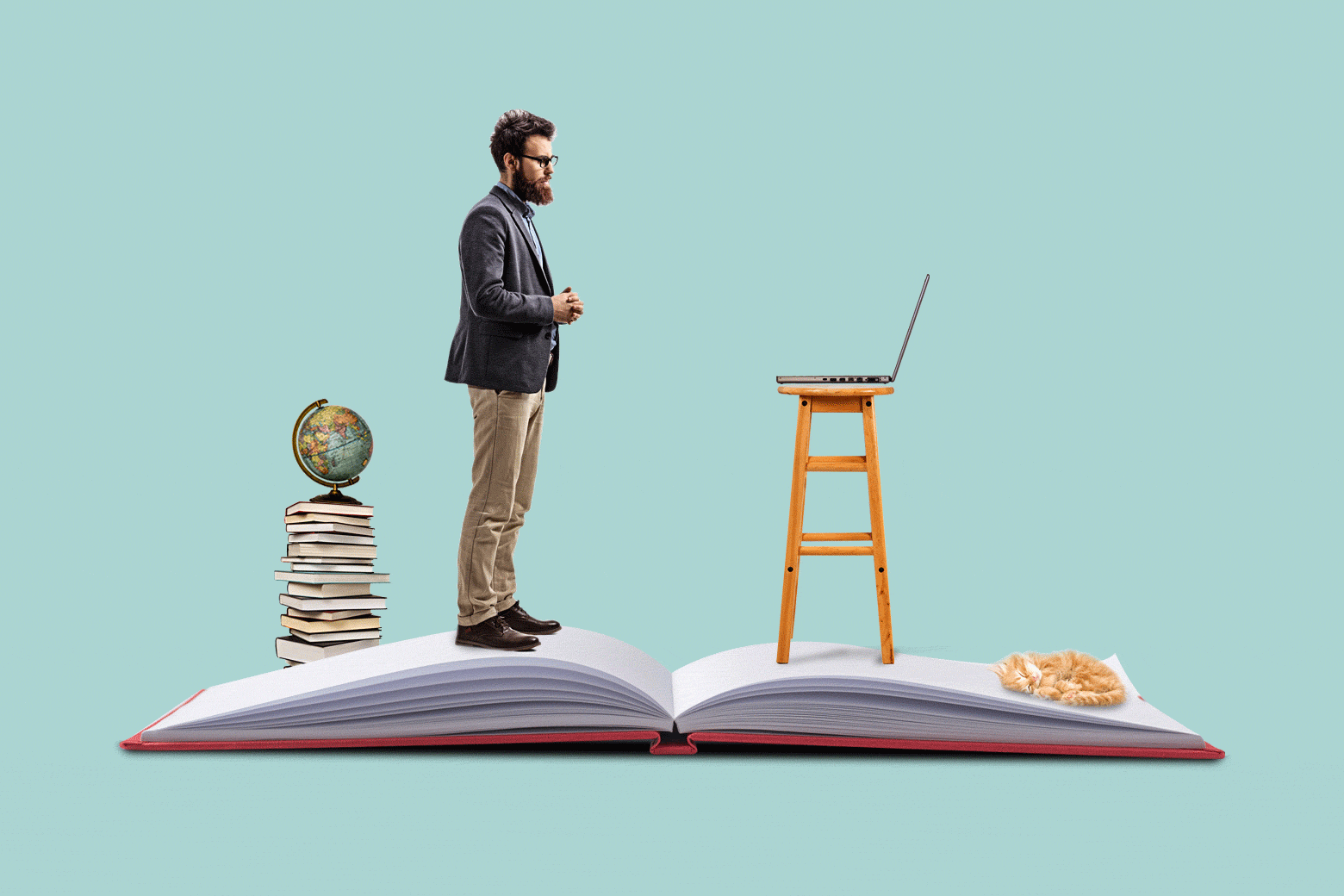 A teacher gestures while standing in front of a laptop on a stool. A cat, books, and a globe lie in the background.