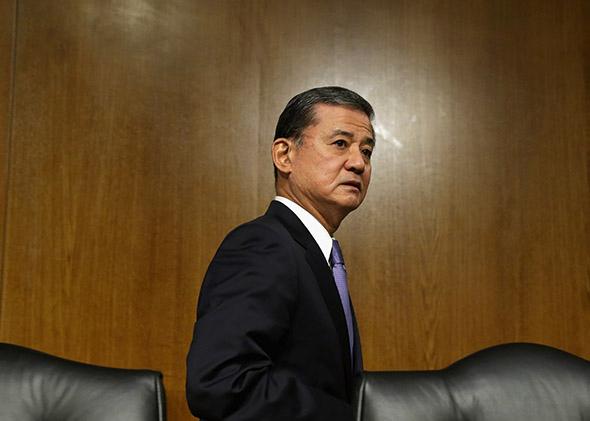 Veterans Affairs Secretary Eric Shinseki after testifying to the Senate Veterans' Affairs Committee on May 15, 2014, about wait times veterans face to get medical care.