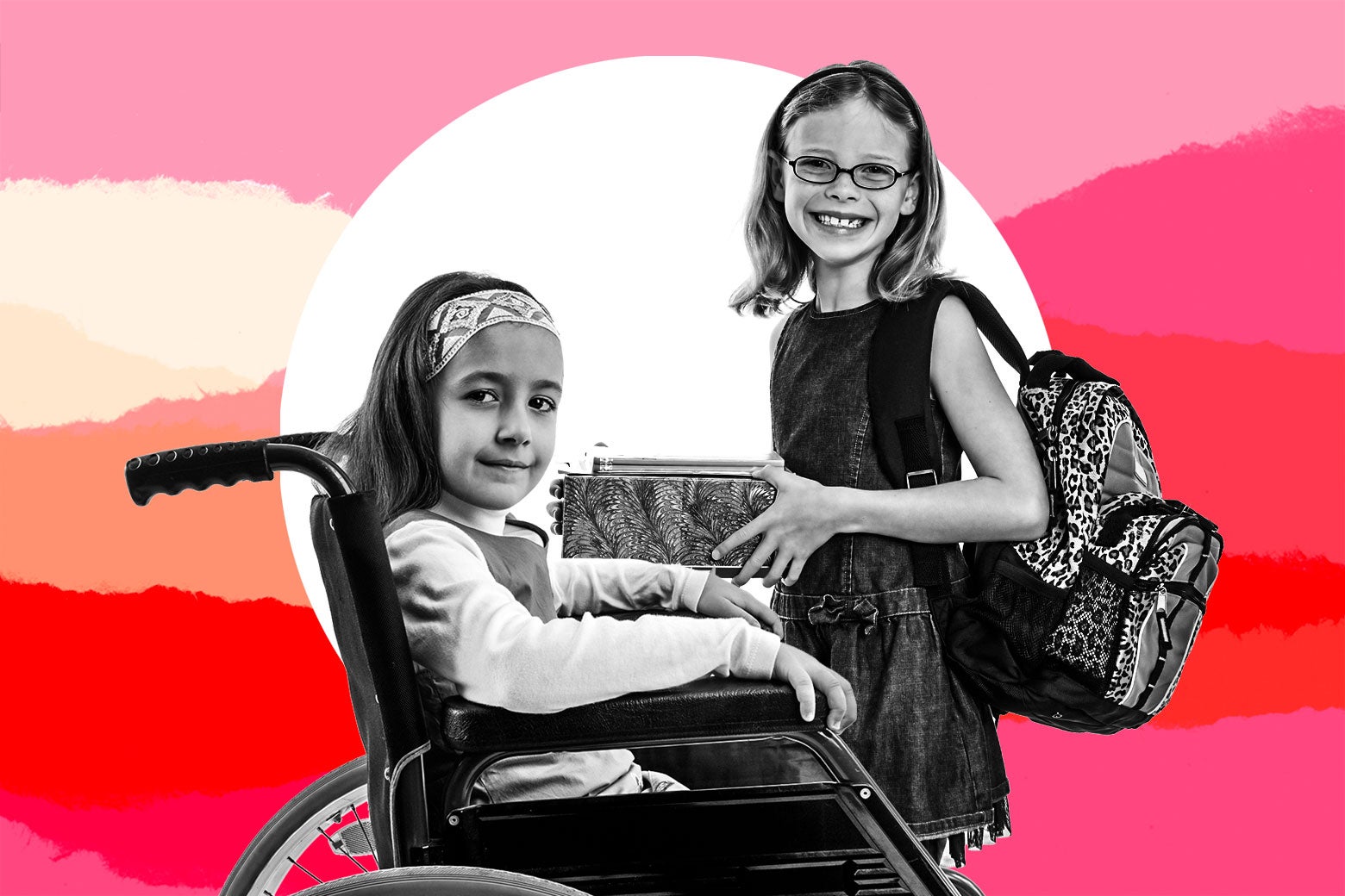 Two young girls smiling, one is in a wheelchair, the other stands with a book.