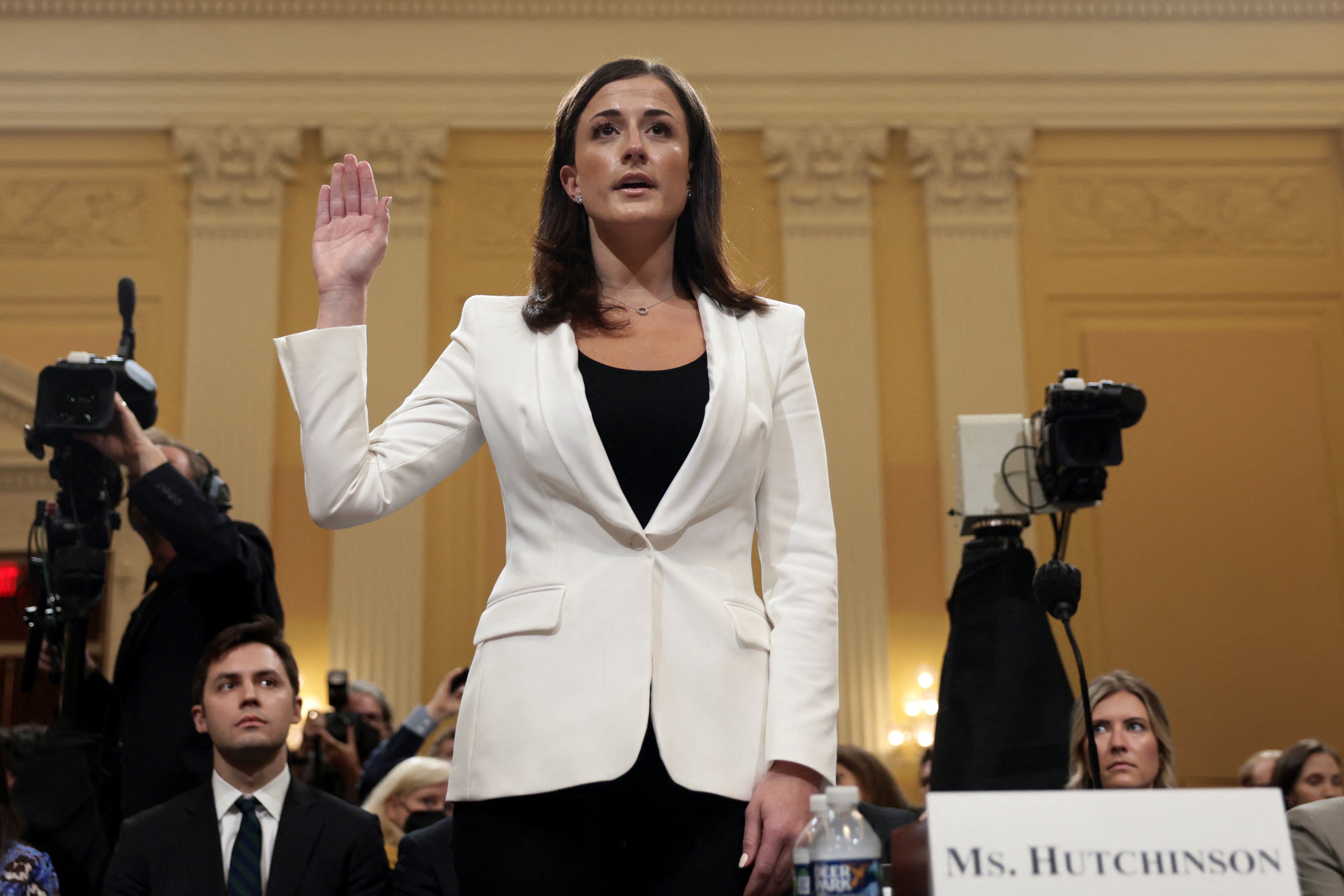 Cassidy Hutchinson, who was an aide in the Trump White House, is sworn in to testify during a public hearing of the U.S. House Select Committee to investigate the January 6 Attack on June 28.