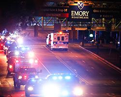 Ebola patient Amber Vinson arrives by ambulance at Emory University Hospital on Oct. 15, 2014, in Atlanta
