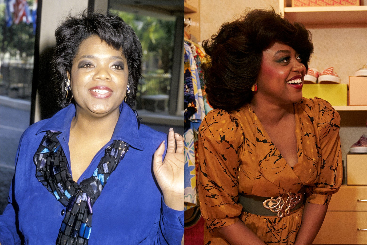 Winfrey's face is illuminated and she is waving. Brunson smiles at an unseen figure off camera. A row of brightly patterned shirts and a shelf with shoes on it can be seen behind her.