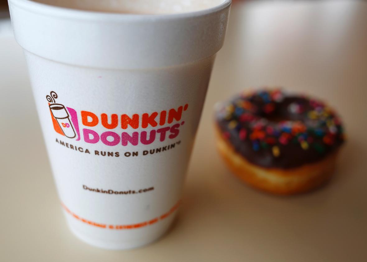 A classic Dunkin’ Donuts coffee and donut.