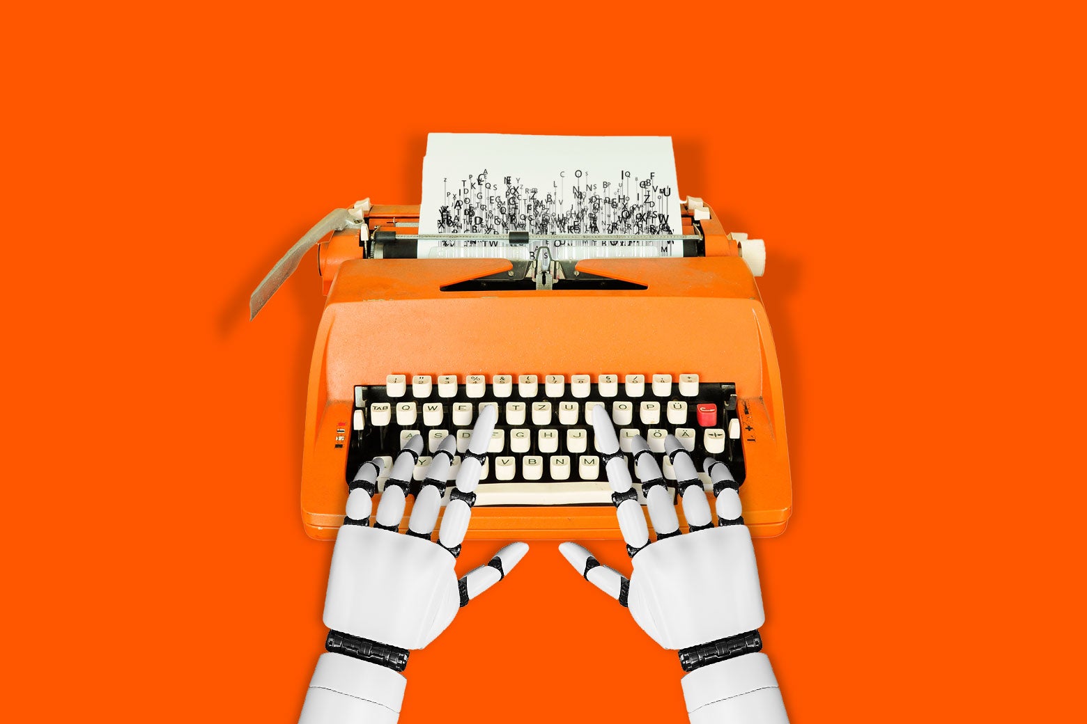 Robot hands are shown typing on an orange typewriter with flowers emerging on the paper. 