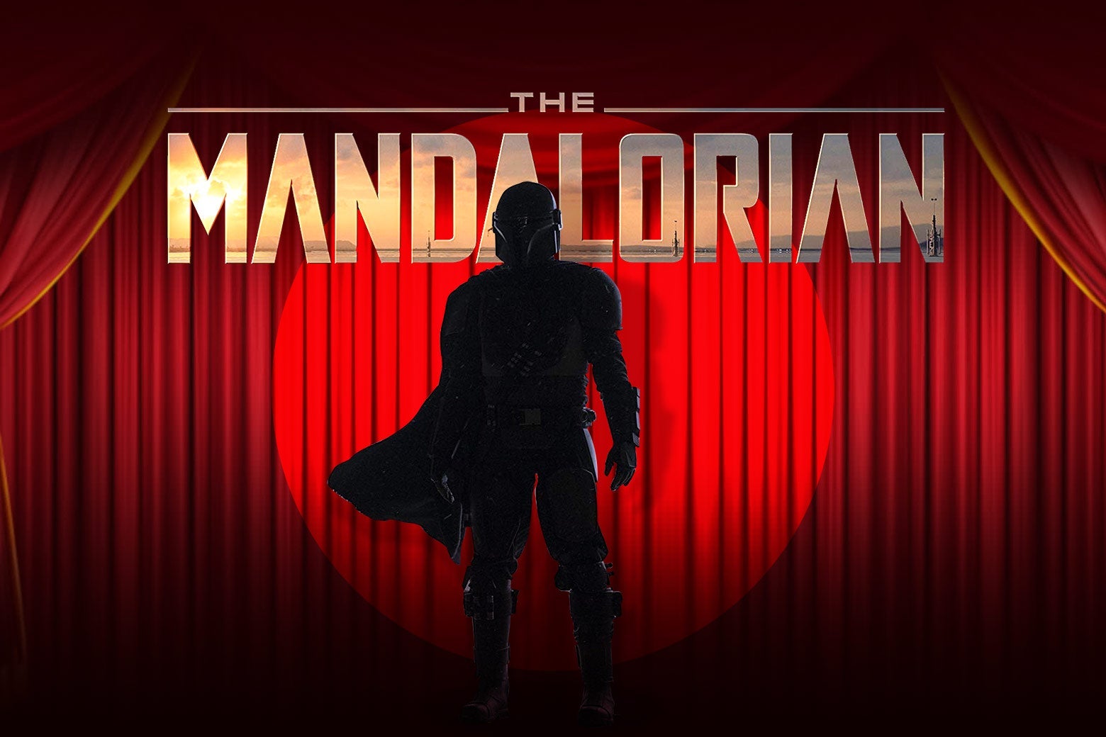 The Mandalorian onstage in a spotlight in front of a red curtain.