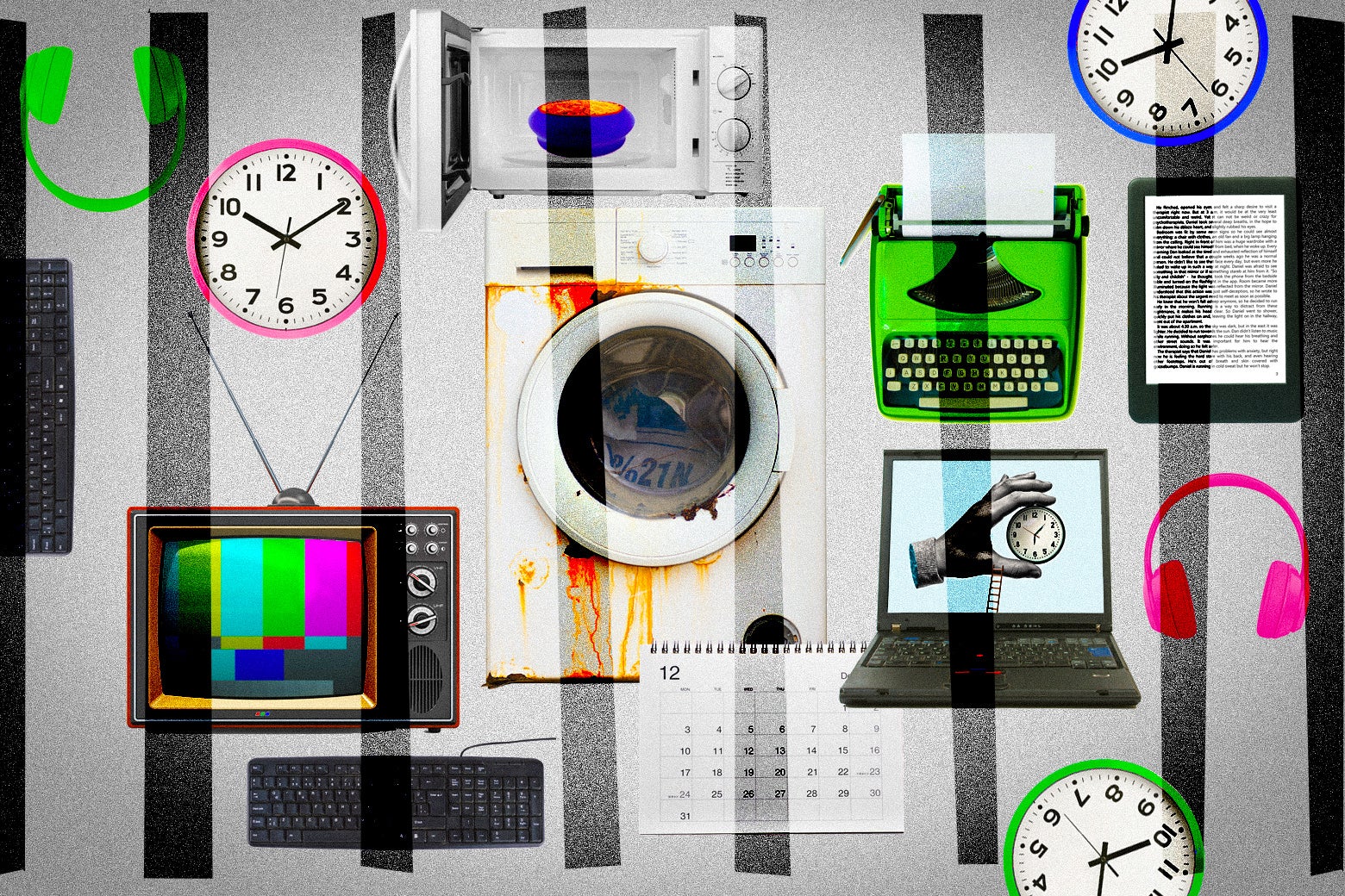 A collage of several objects including: wall clocks, headphones, a calendar, a washing machine, a microwave, a computer, a keyboard, a tablet text reader. Over the illustration is the shadow of prison bars.