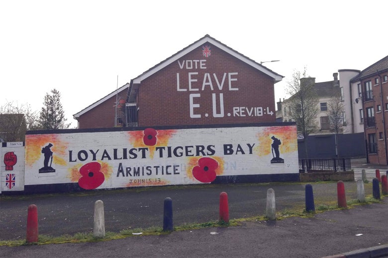 A pro-Brexit mural adorns the side of a Protestant home in west Belfast.