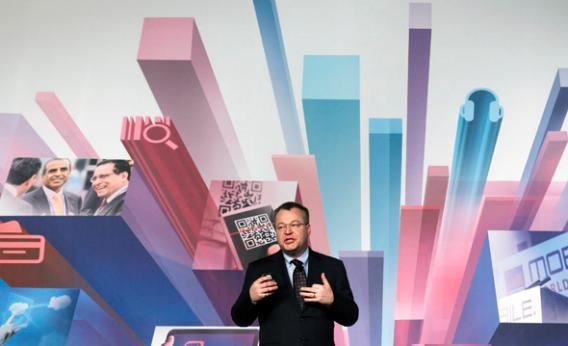 Nokia's President and CEO Stephen Elop gestures during a news conference at the Mobile World Congress at Barcelona.