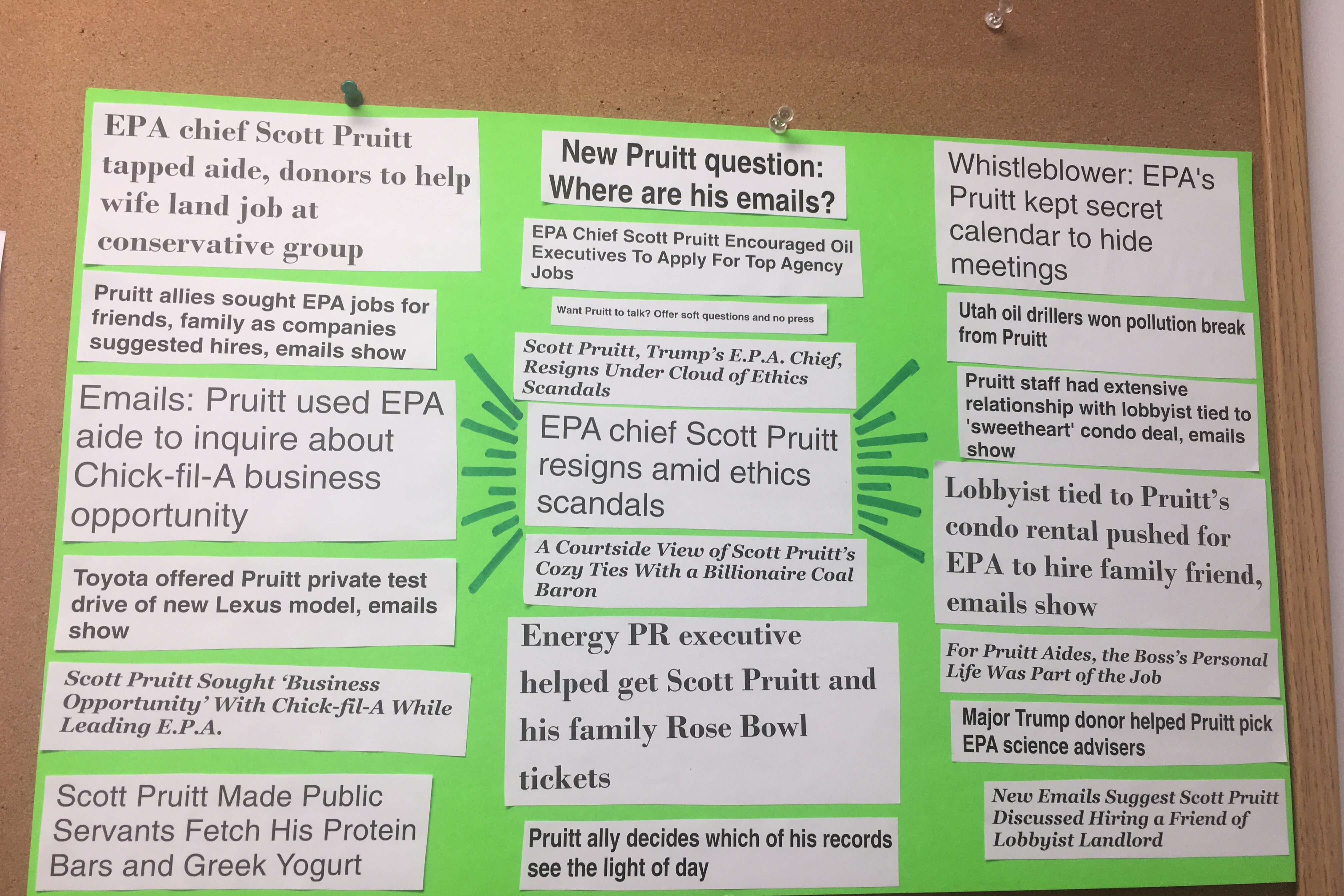 Sierra Club poster with headlines of Pruitt scandals.