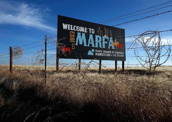 A Marfa sign is seen on the outskirts of town on December 25, 2012 in Marfa, Texas.