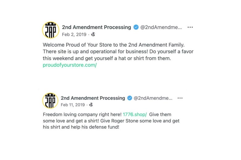 Two screenshots of 2nd Amendment Processing tweets promoting Proud of Your Store and 1776.shop