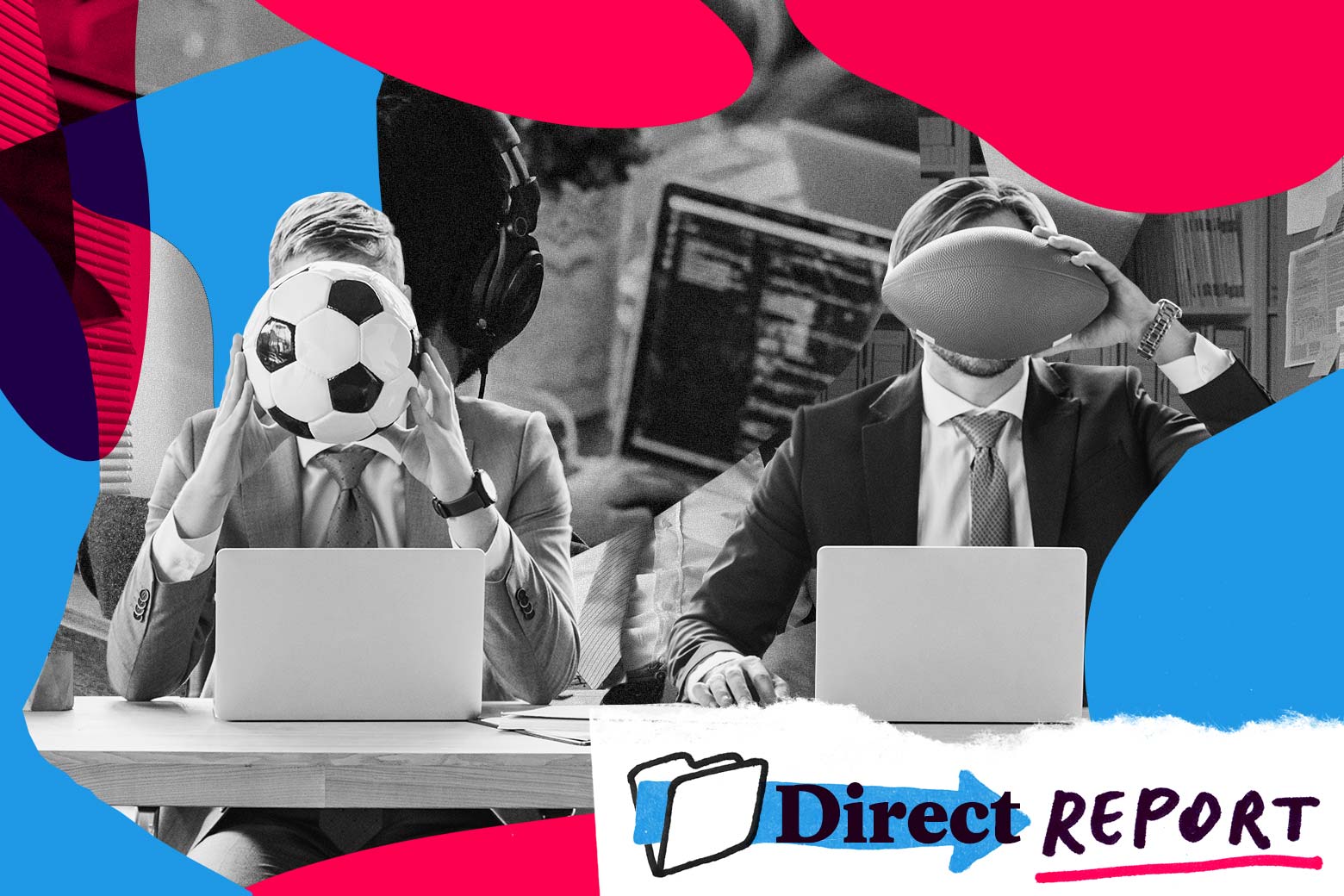 People at desks are holding up soccer balls and footballs to cover their faces.