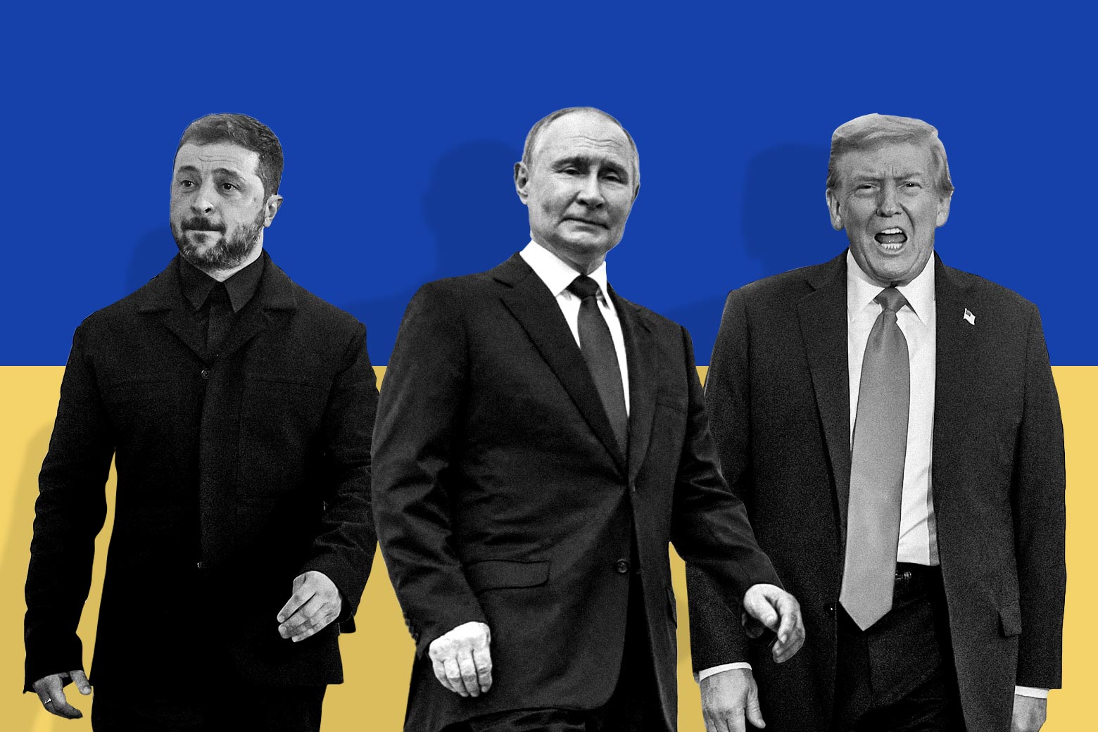 Arka planda Ukrayna bayrağıyla Zelenski, Putin ve Trump'ın yer aldığı bir fotoğraf.