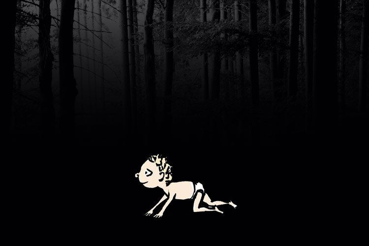 Photo illustration of a baby in the black woods.