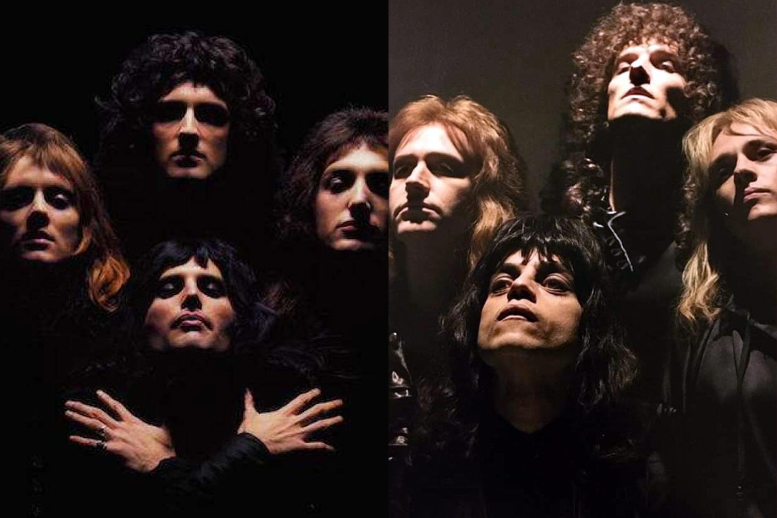 The band in the Bohemian Rhapsody video, in real life and in the movie.