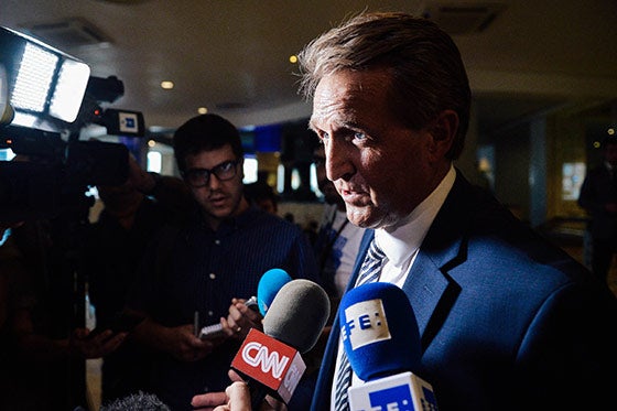 Sen. Jeff Flake speaks during a press conference at the Melia Cohiba hotel in Havana on June 4.