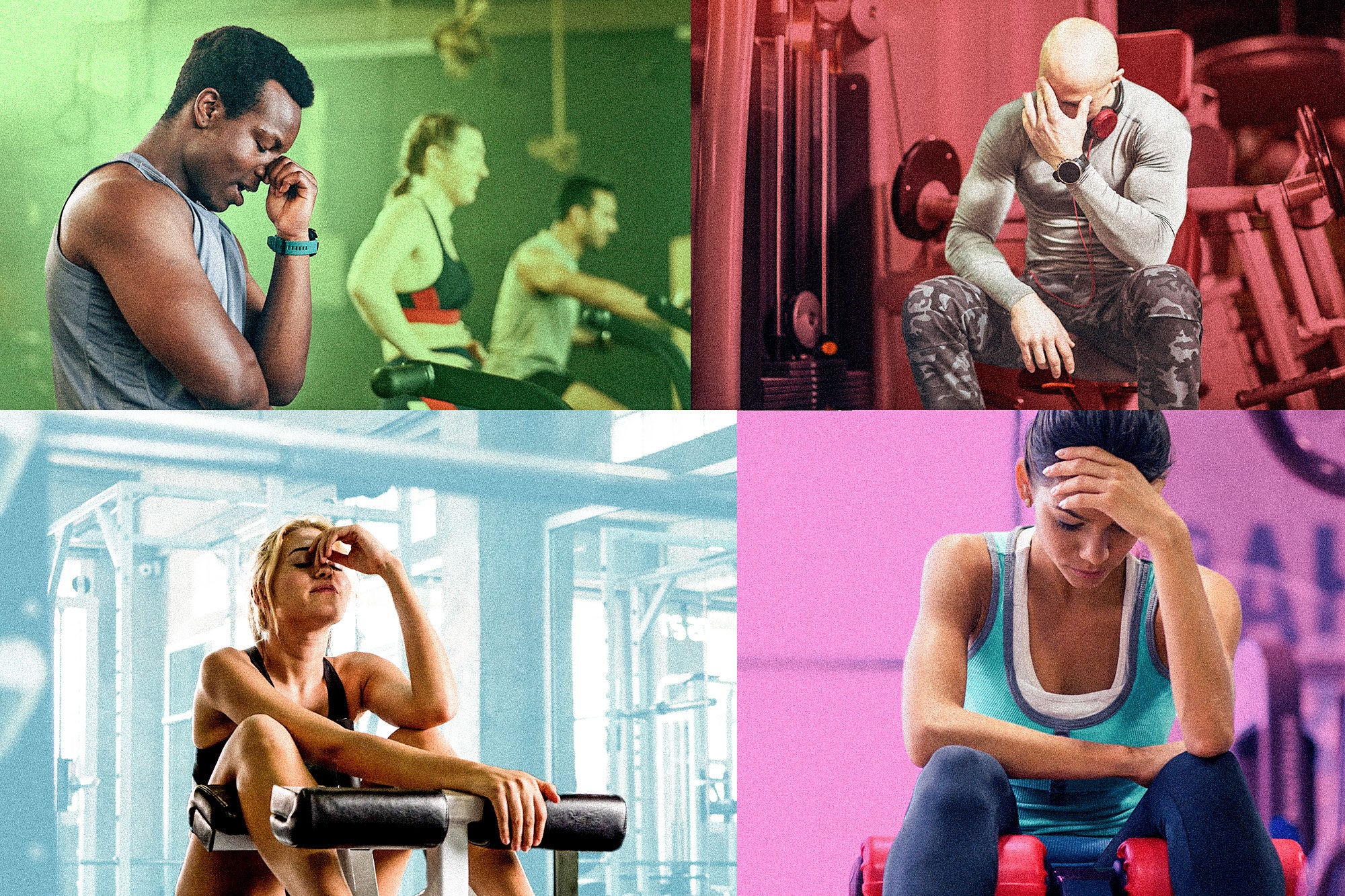 A grid of people crying at the gym while working out. 