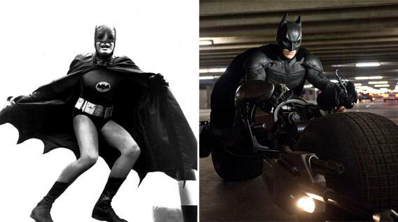 Adam West, left, as Batman in the 1965 television show, and Christian Bale, right, as Batman in The Dark Knight Rises.