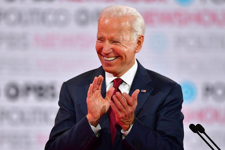 Democratic presidential hopeful former Vice President Joe Biden laughs during the sixth Democratic primary debate of the 2020 presidential campaign season in Los Angeles, California on December 19, 2019. 