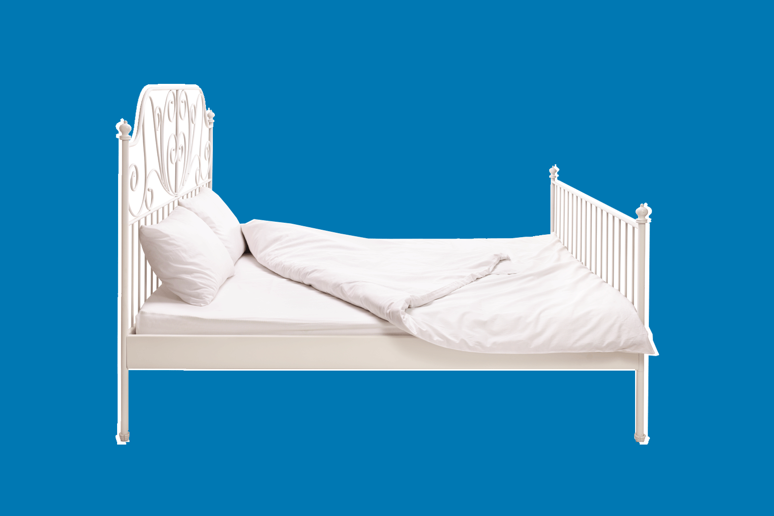 A bed with a white frame and sheets.