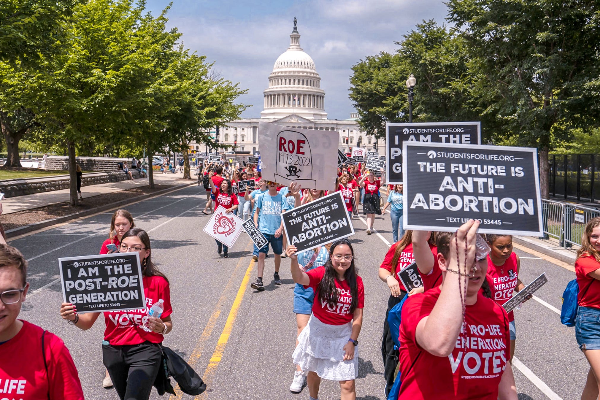 Anti-abortion activists demonstrate in front of the U.S. Supreme Court after the Court announced a ruling in the Dobbs v Jackson Women's Health Organization case, carrying signs that say "The future is Anti-Abortion."