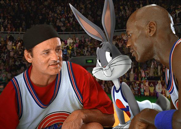 Bill Murray huddled with Bugs Bunny and Michael Jordan in Space Jam.